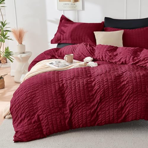 HYMOKEGE Red & Black California King Comforter Set Seersucker 7 Pieces, All Season Luxury Bed in a Bag for Bedroom, Bedding Set with Comforters, Sheets, Pillowcases & Shams HYMOKEGE