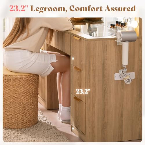 AMERLIFE 36.2" Fluted Vanity Desk with Mirror and Adjustable LED Lights, Large 4 Drawers Makeup Table with Glass Top and Charging Station for Women and Girls, Bedroom or Dorm, Natural Oak AMERLIFE