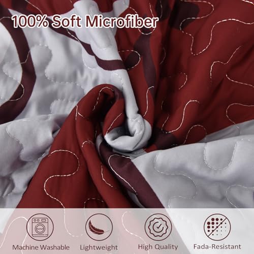 Luxudecor Floral Quilt Set Queen 3 Pieces Red Flower Quilt Coverlet Set with 2 Pillow Cases, Lightweight Soft Microfiber Reversible Boho Bedspread for All Seasons 96"x90" Luxudecor