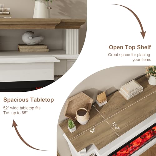 QUW Fireplace TV Stand for TVs up to 65", Farmhouse 52" Fireplace Entertainment Center with 36" 3-Side Glass Electric Fireplace, TV Console with Open Storage Shelves for Living Room, Antique White QUW