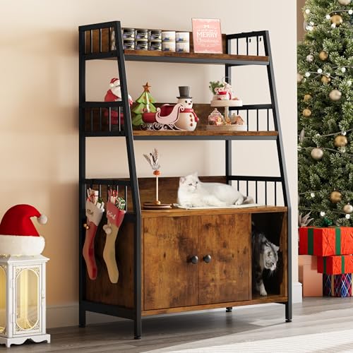 YITAHOME Cat Litter Box Enclosure with Shelves Storage, Indoor Large Litter Box Furniture Wooden Hidden Cat Cabinet Washroom Corner, Rustic Brown YITAHOME