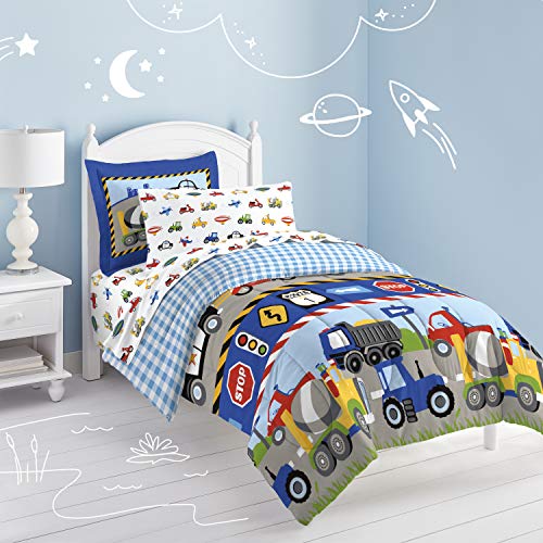 dream FACTORY Trucks Tractors Cars Boys 5-Piece Bedding Kids Construction Comforter Sheet Set, Twin Blue Red Multi dream FACTORY