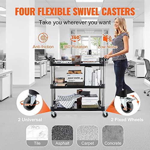 VEVOR Utility Service Cart, 3 Shelf Heavy Duty 220LBS Food Service Cart, Rolling Utility Cart with Lockable Wheels, 40" x 19.3" x 38.6" Plastic VEVOR