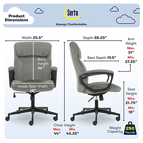 Serta Hannah Executive Home Office Desk Chair, Ergonomic Mid-Back with Lumbar Support, Firm Seat Cushion, Layered Body Pillows, Padded Armrests, Swivel Base, Easy Assembly, Microfiber, Black/Grey Serta