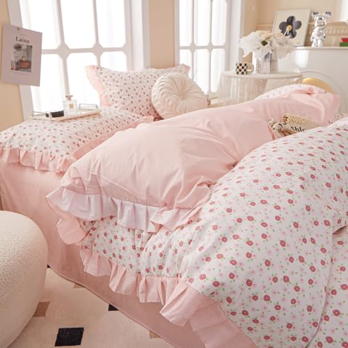EAVD French Style Garden Pink Floral Comforter Set Full Girls Fluffy Soft Microfiber Chic Shabby Floral Bedding Set with 2 Pillowcases Fresh Ruffled Botanical Comforter Set for All-Season EAVD