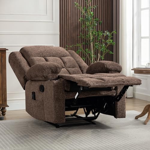 EBELLO Manual Recliner Chair for Adults with Vibration Massage and Lumbar Heating, Soft Fabric Recliner Single Sofa for Living Room with Side Pocket and Two Cup Holders, Brown