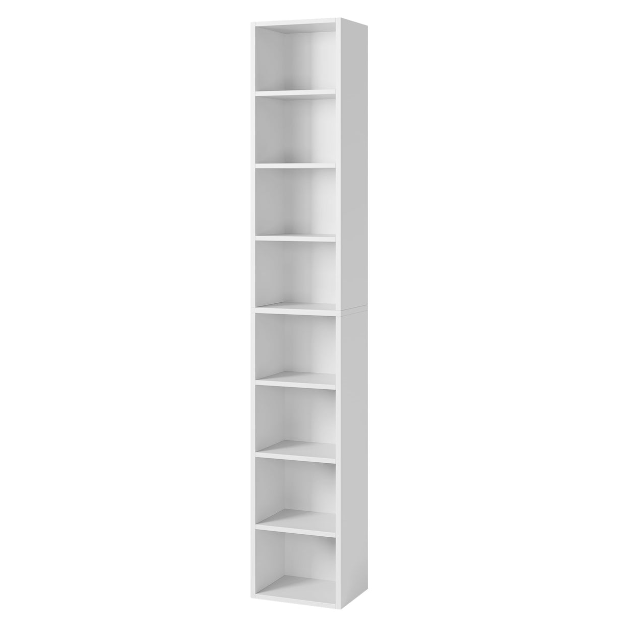 Bamjoy 71 Inches Tall Narrow Bookshelf, 8-Tier CD DVD Slim Media Tower Rack, Corner Bookcase with Adjustable Shelves, Skinny Cubes Bookshelves for Home Office Small Space, White Bamjoy