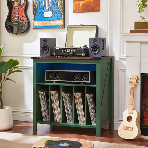 Joaxswe Large Record Player Table with Charging Station & LED Lights, Green Vinyl Record Storage Cabinet Holds up to 230 Albums, Turntable Stand with Display Shelf for Music Room Bedroom Living Room Joaxswe