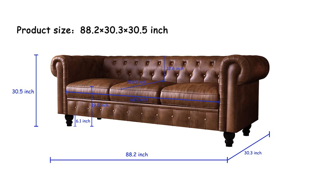 WILLIAMSPACE 88.2" Chesterfield Sofa Couch for Living Room, 3 Seater Couches Upholstered Tufted PU Sectional Sofa for Office Apartment - Brown WILLIAMSPACE