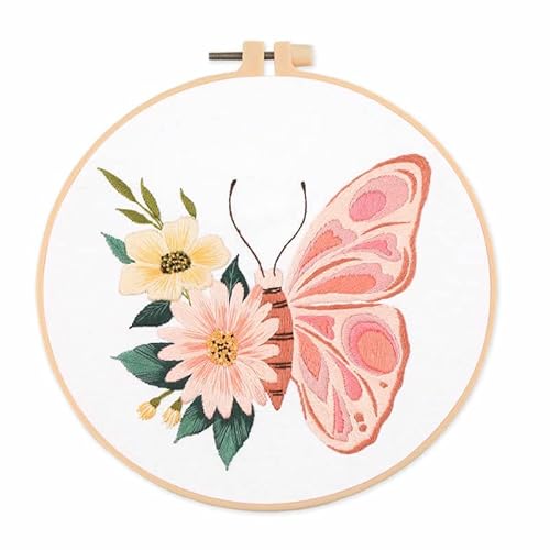 Amiiba Embroidery Starter Kit with Pink Butterfly Pattern, DIY Full Range Stamped Embroidery Cross Stitch Kits for Beginners Adults (Pink Butterfly)