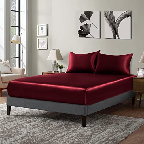 P Pothuiny Satin Fitted Sheet Twin XL Size, 1 Single Fitted Sheet Only, Extra Soft Deep Pocket Bottom Bed Sheets Mattress Cover Fits 12" to 16", Wrinkle Free, Fully Elasticized (Burgundy) P Pothuiny