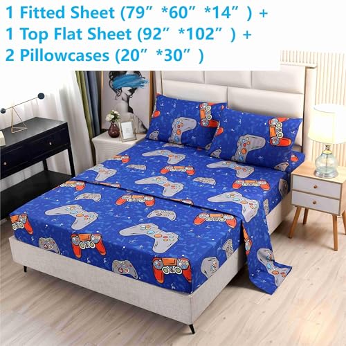 SDIII 4PCS Blue Gamer Sheets Set Queen, Soft Microfiber Gaming Bedding Sheet Queen Deep Pocket, Game Sheets for Boys Girls Kids Teens All Season SDIII