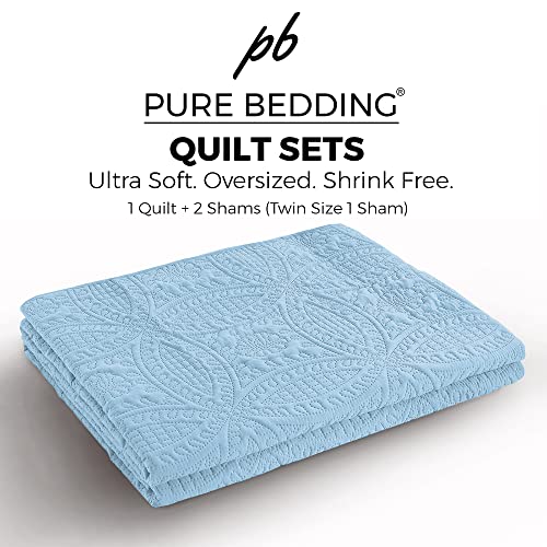 Quilt Set King/Cal King/California King Size Sky Blue - Oversized Bedspread - Soft Microfiber Lightweight Coverlet for All Season - 3 Piece Includes 1 Quilt and 2 Shams, Geometric Pattern Pure Bedding