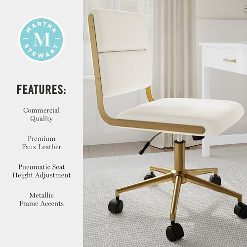 Martha Stewart Lulu Swivel Task Chair with Height Adjustable Seat for Home Office in Off White Faux Leather with Polished Brass Frame Martha Stewart