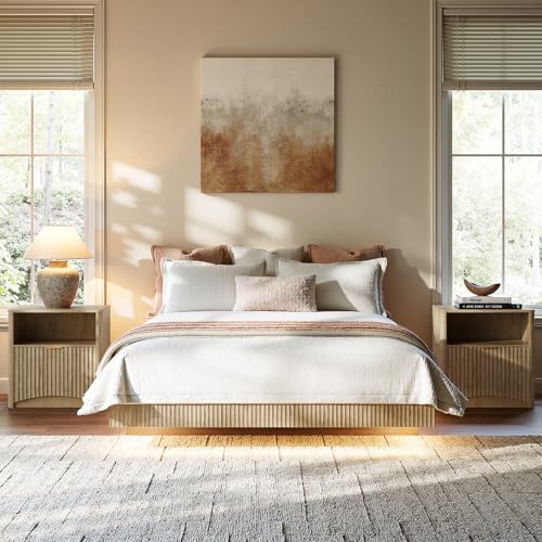 Evermagin Oak Queen Floating Bed Frame with led Lights, Bohemia Fluted 10 Inch High Floating Platform Bed No Headboard, Heavy Duty Metal Float Bedframe, No Box Spring Needed Evermagin