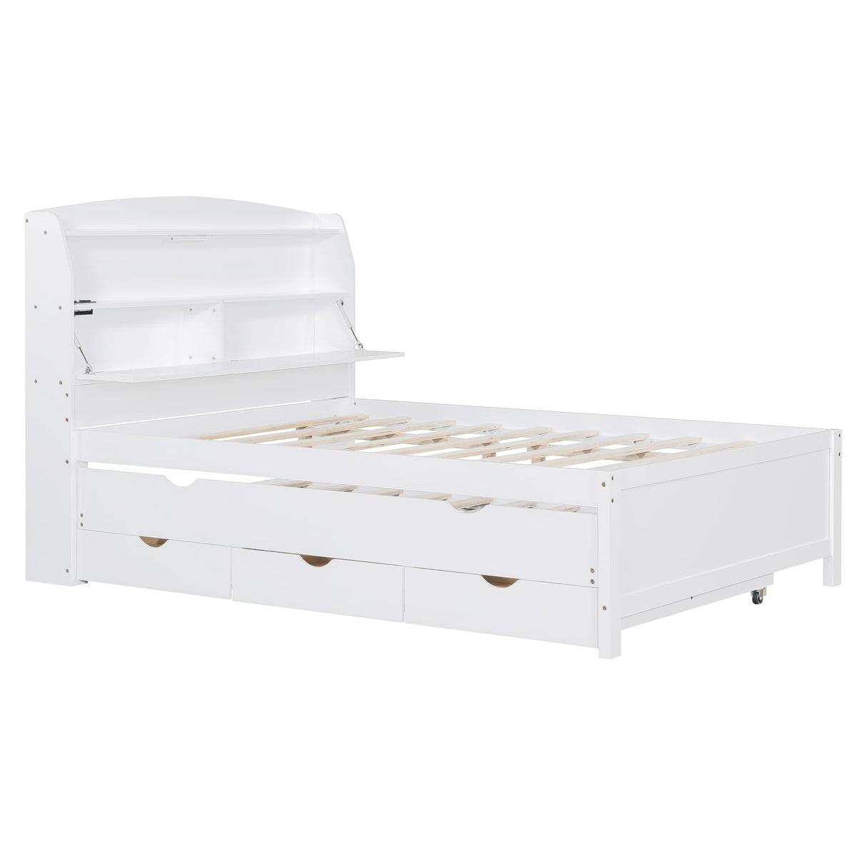 Merax Full Size LED Platform Bed with USB Outlets, Modern Wooden Bed Frame with Trundle, Storage Headboard and Drawers, No Box Spring Needed, White Merax
