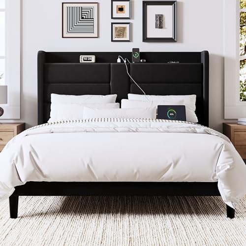 Allewie Queen Size Platform Bed Frame with Charging Station & Storage Headboard, Upholstered Velvet Wingback Design & USB Port, Strong Wooden Slats Support, No Box Spring Needed, Easy Assembly, Black Allewie