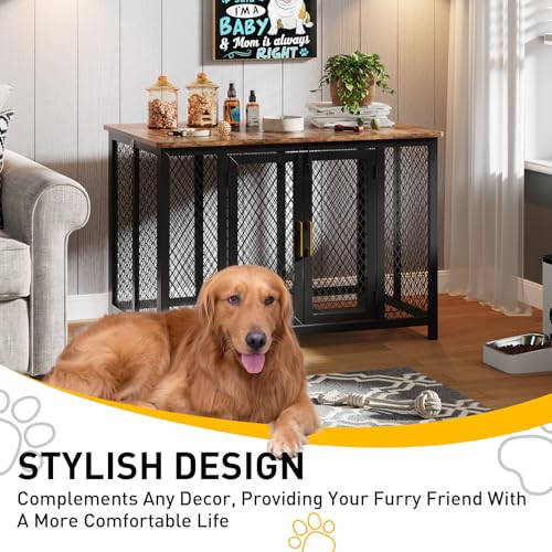GarveeLife 48 in Large Dog Crate Furniture with Top Access Door, Heavy Duty Dog Crate Wooden Indoor Decorate Pet Cage, Indestructible Pet Dog Cage for Medium to Large Dogs GarveeLife
