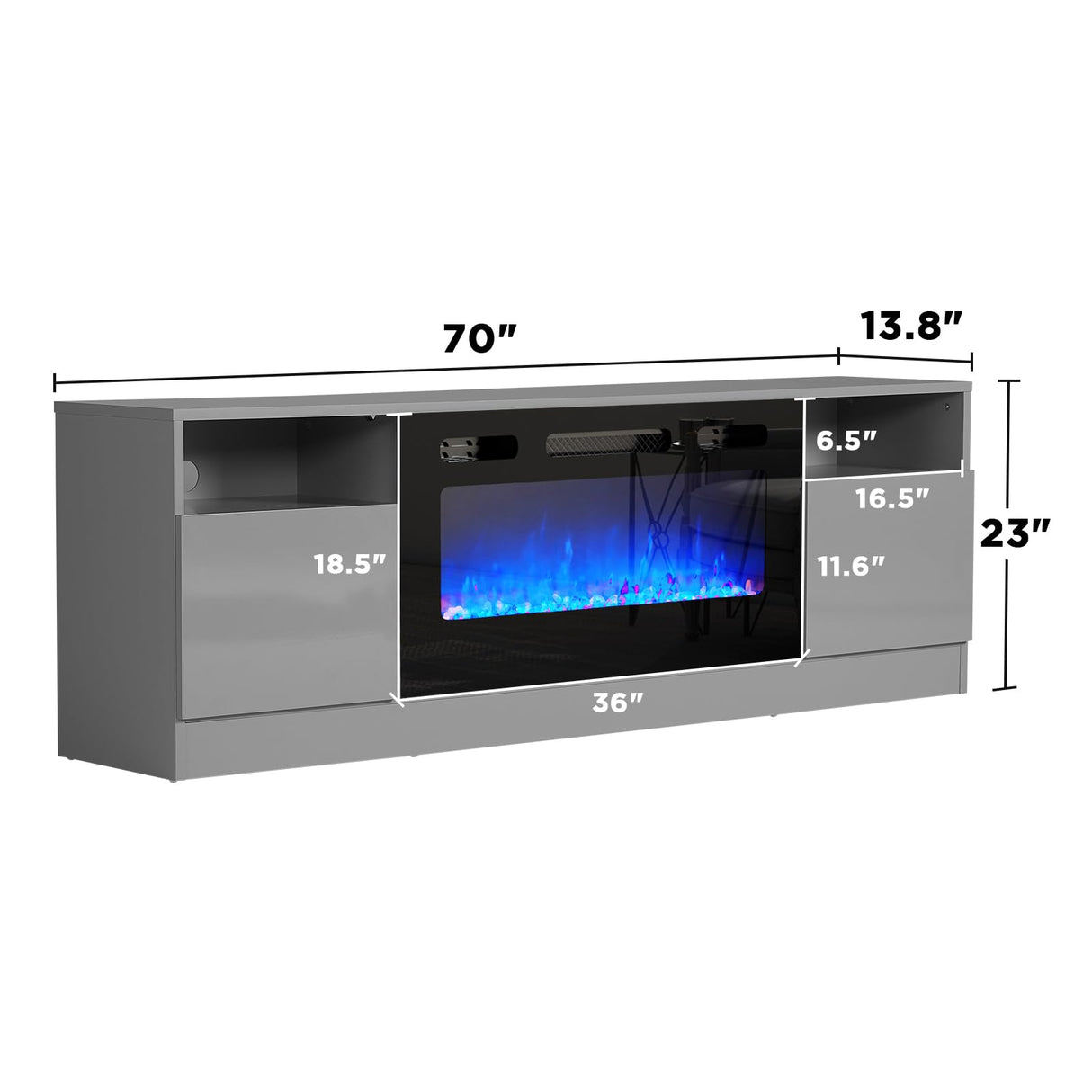 AMERLIFE TV Stand with Fireplace, LED Light Entertainment Center with 36" Electric Fireplace, 70" Modern Wood Entertainment Stand with Highlight Storage Cabinet for TVs up to 80", Grey AMERLIFE