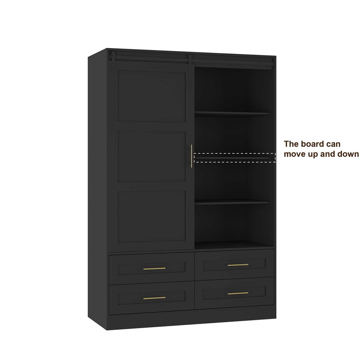 GOSROMS Armoire Wardrobe Closet with Sliding barn Door,Wardrobe Cabinet with 4 Storage Drawers and Hanging Rail,Freestanding Wooden Closet for Bedroom (Black) GOSROMS