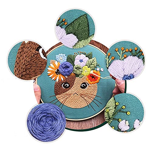 Mozzyyee Embroidery Starter kit, DIY Adult Beginner Embroidery Kits, Including Cloth with Cat Patterns, Colored Threads, Needles, Hoops and Instructions (Blue)