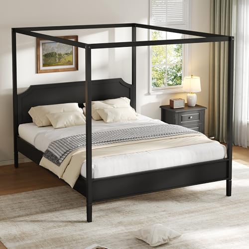 Queen Size Solid Wood Canopy Bed with Headboard and 10''H Under-Bed Storage,Mid-Century Modern Four Posters Platform Bed with Wood Slat Support for Bedroom,No Box Spring Needed,Easy Assembly,Black