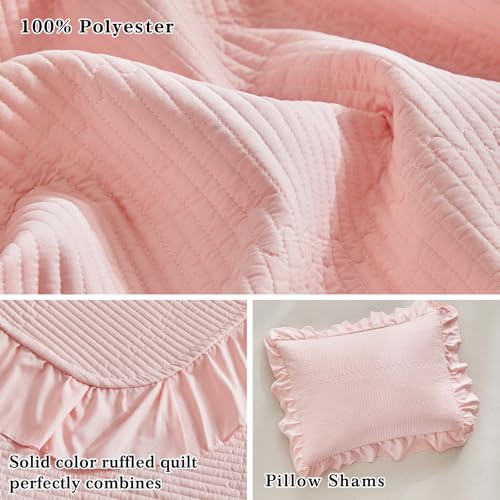 Flysheep Pink Ruffle Quilt Set Twin Size, 2 Pieces Shabby Chic Farmhouse Striped Bedspread Coverlet Set, Solid Lightweight Soft Microfiber Bed Cover for Kids (1 Ruffled Quilt + 1 Pillow Sham) Flysheep