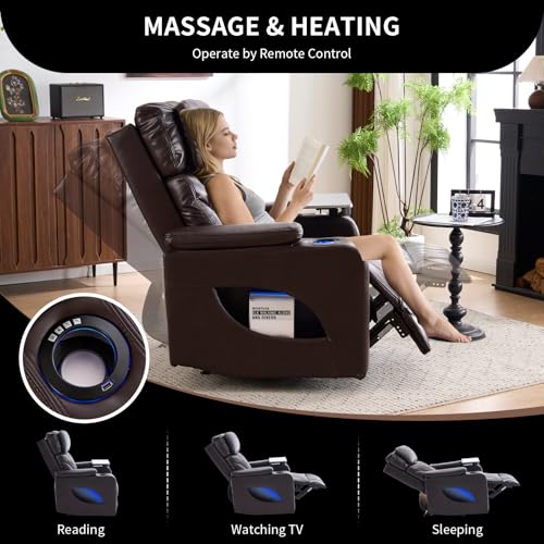 Zuacs Power Recliner Home Theater Seating with Cooling Cup Holder and Massage Heating, Blue Color Ambient Lighting Recliner Chair,Movie Sofa with Tray Table, USB Charging & Manual Headrest, Brown