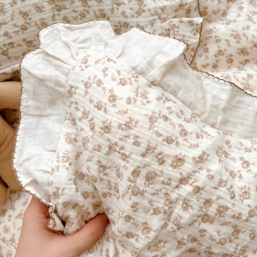 BuLuTu Soft Cotton Muslin Duvet Cover Girls Kids Floral Duvet Cover Beige Crib Bedding Comforter Cover Quilt Cover, 47"x59", Camellia Print (Pillowcases Not Included) BuLuTu