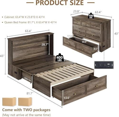 AMERLIFE Queen Size Murphy Bed, Farmhouse Wooden Cabinet with Charging Station and Storage Drawer for Bedroom/Office/Guest Room, Grey Oak AMERLIFE