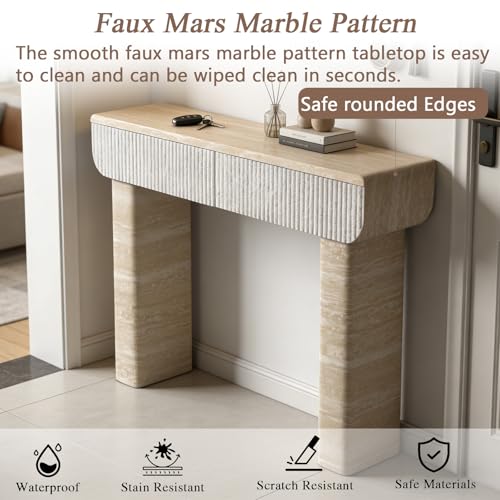 Mcltopz 47.2" Faux Mars Marble Pattern Console Table with 2 Drawers, Skinny Long Sofa Table Behind Couch with Rounded Edges, Wooden Narrow Sofa Table Hall Table for Living Room Foyer Entrance, Marble Mcltopz