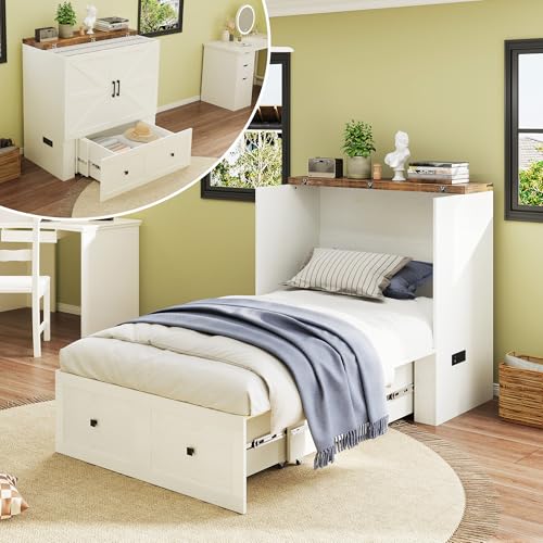 LUXOAK Twin Murphy Bed with Built-in Charging Station and Storage Drawer, Farmhouse Foldable Cabinet Bed for Guest Room, Apartment or Home Office, White LUXOAK