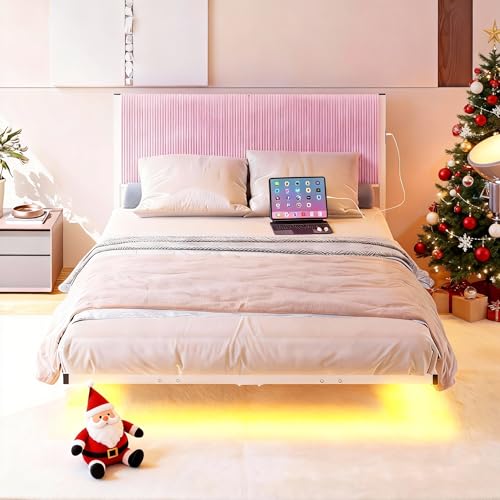 ARFARLY Floating Full Size Bed Frame with Headboard and LED Lights Upholstered Metal Platform Bed Frame Full with Charging Station No Box Spring Needed Easy to Assemble Pink ARFARLY