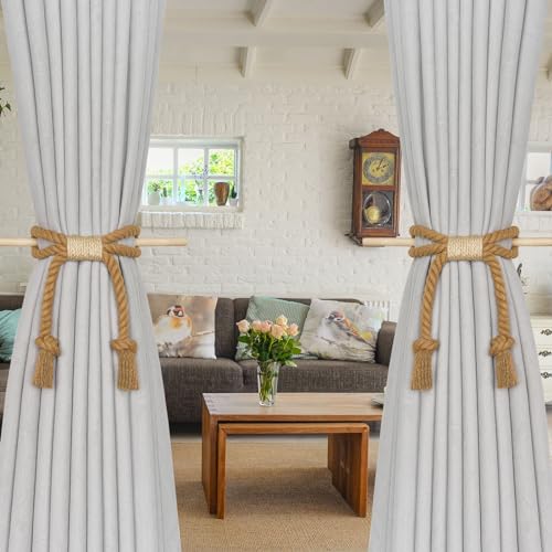 NICEEC 2 Pack Natural Cotton Rope Curtain Tiebacks Boho Rustic Style Decorative Drape Tie Backs Farmhouse Hand-Woven Rope Curtain Holdbacks with Wood Club for Home & Office Drapery (Cotton knot-Khaki) NICEEC