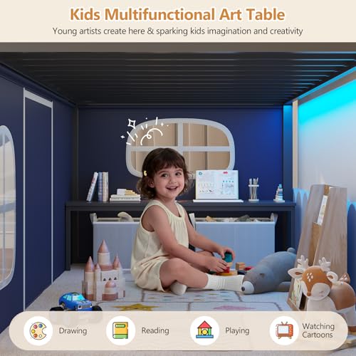 DICTAC Low Loft Bed with Slide,Storage Stairway and Led Lights Metal Twin Size Loft Bed with Under-Bed Play Space,Art Table & Play Curtain Twin Beds with 2 Drawers and 13.8''H Safety Guardrail,Black DICTAC