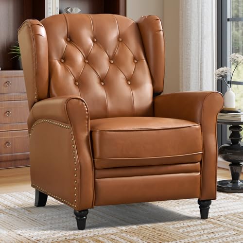 Bonzy Home Genuine Leather Pushback Recliner for Adults with Rivet Decoration, Push Back Recliner Chair with Overstuffed Cushion, Single Reclining Sofa with Button-Tufted Back for Living Room,Brown