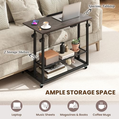 Giantex Mobile Standing Desk, Adjustable Rolling Computer Desk w/Tilting Desktop & Storage Shelves, PC Laptop Table, Small Compact Desk on Wheels for Small Space, Living Room & Bedroom (Black Oak) Giantex