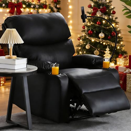 Manual Recliner Chair,PU Leather Reclining Chairs with Phone Stand & Cup Holders,Overstuffed Single Sofa Recliner for Adults,Living Room Bedroom Home Theater (Black)