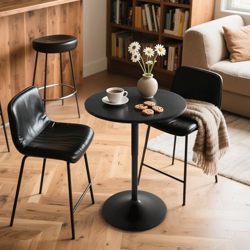Athena Collection Round Bar Table, Adjustable Height Pub & Bistro Table with 360 Swivel Base, High Top with MDF Desktop - Black Rock Athena Collection