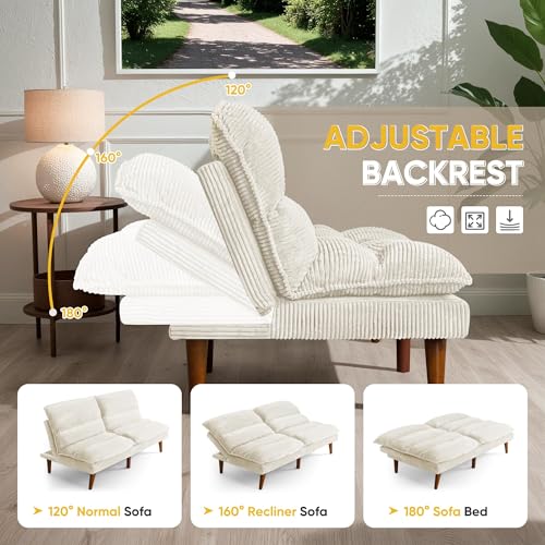 Flamaker Convertible Futon Sofa Bed Futon Couch with Adjustable Back Upholstered Sleeper Sofa Bed for Living Room Furniture (Corduroy, White) Flamaker