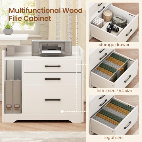SEDETA L Shaped Electric Standing Desk with File Cabinet, 63 x 53'' Height Adjustable Home Office Computer Desk with Drawers, Power Outlet, Stand up Gaming Table with Led Lights, Keyboard Tray, White SEDETA