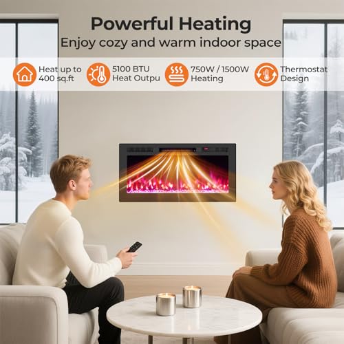 Tangkula 36 inches Smart Electric Fireplace,Recessed & Wall-Mounted 1500W Fire Place with 12 Flame & Ember Bed Colors, 12H Timer, Remote & APP Control, Alexa & Google Assistant Compatible Tangkula