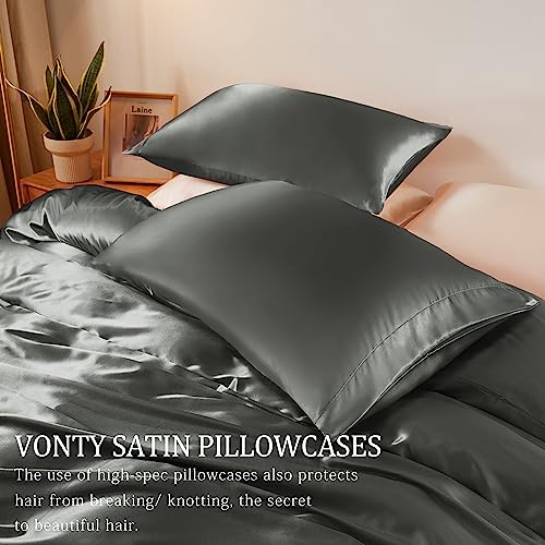 Vonty 3-Piece Silky Satin Duvet Cover Set King Size Duvet Cover, Organic Natural 400TC Grey Duvet Cover Set - Luxury & Sexy Bedding Duvet Covers with Zipper Closure(No Comforter) Vonty