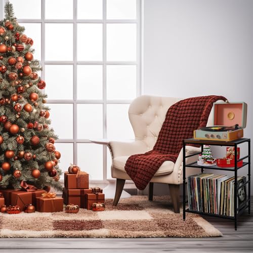 GIOTORENT 3-Tier Record Player Stand with Vinyl Storage, Tall Nightstand with Adjustable Shelf, Narrow Side Table/Bedside Table for Living Room, Bedroom, Office, Bathroom, Rustic Brown and Black GIOTORENT