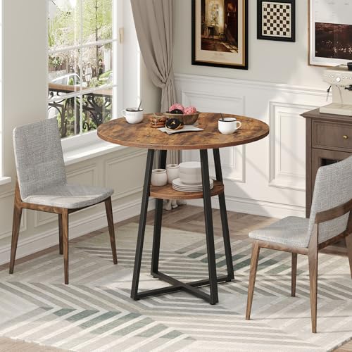 MAHANCRIS 31.5" Round Dining Table for 2-4, Farmhouse Kitchen Table with Storage Shelf, Small Circle Dining Table Space Saving, for Dining Room, Kitchen, Living Room, Rustic Brown and Black DTHR8201 MAHANCRIS