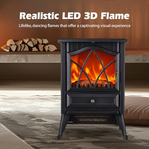 KINSING Freestanding Electric Fireplace Stove Heater, 1500W with Realistic 3D LED Flame Effect, Adjustable Brightness & Thermostat, 2 Heat Settings, Overheat Protection, for Home Indoor Use KINSING