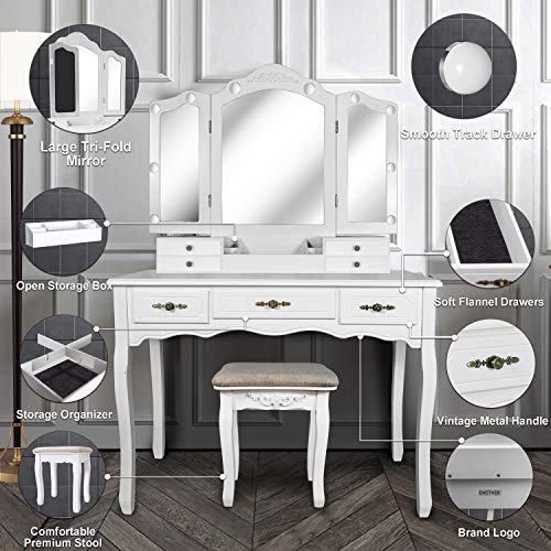 ENSTVER Vanity Beauty Station,Tri-Folding Mirrors,6 Organization 7 Drawers Makeup Dress Table with Cushioned Stool-White ENSTVER