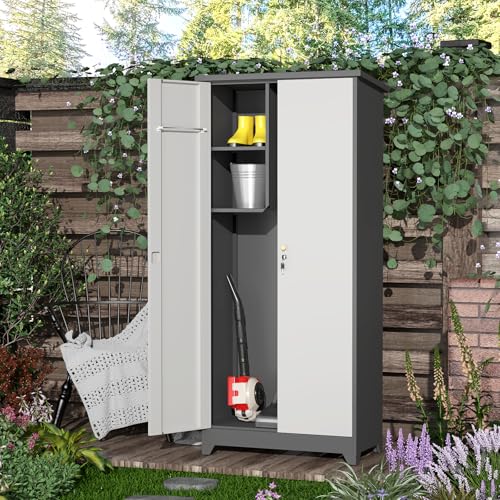 SAFEFEVER Outdoor Metal Storage Cabinet,Garden Storage Cabinet with Waterproof Coating,Waterproof Lockable Storage Cabinets for Garden,Backyard,Lawn,Dark Gray+White SAFEFEVER