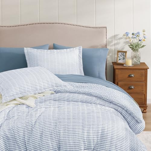 BLOOMHAVEN Queen Comforter Set - 7 Pieces Blue Gauze Muslin Bedding Sets for All Seasons, Lightweight Breathable Bed in a Bag Queen with Revesible Farmhouse Comforter, Sheets, Pillowcases & Shams BLOOMHAVEN