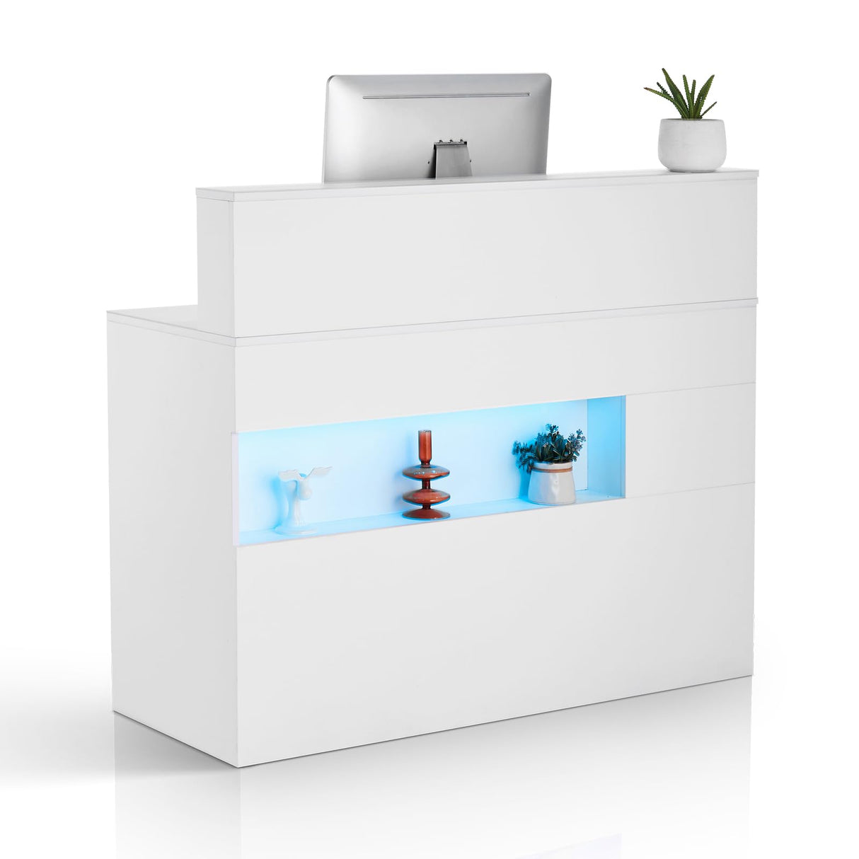 VEVOR Reception Desk, 47 Inch Rectangular Front Counter Table, Office Reception Desk with LED Light, 2 Drawers and Power Outlets, for Checkout, Lobby, Beauty Salon and Office, White VEVOR